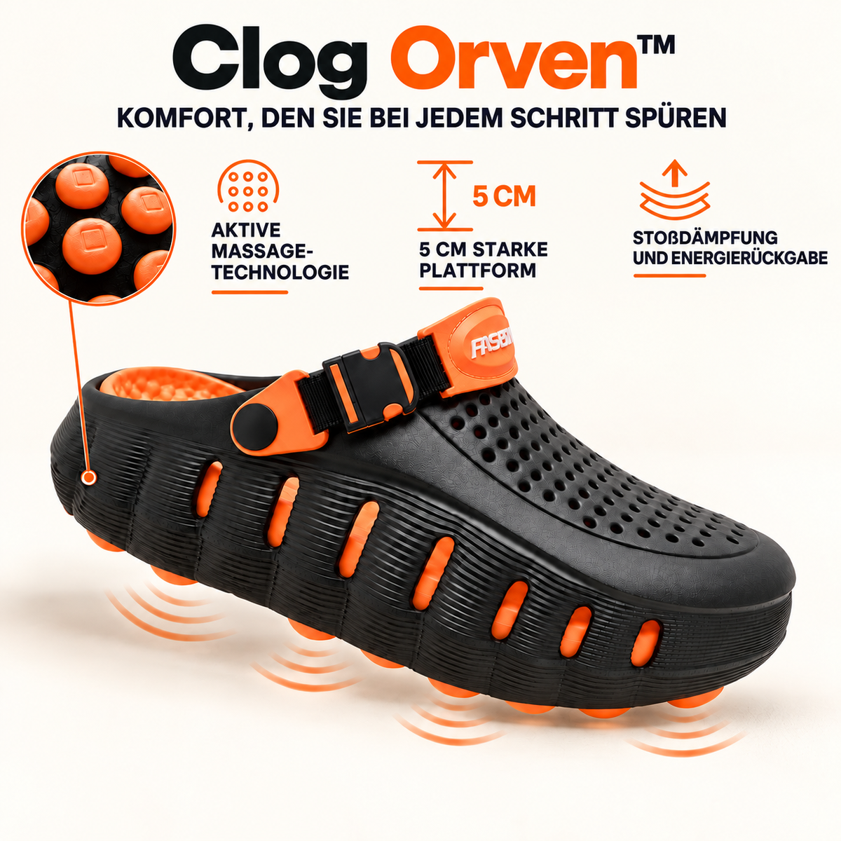 Clog Orven™ mit Massage-Fußbett und 5-cm-Plateausohle mit federnder Dämpfung