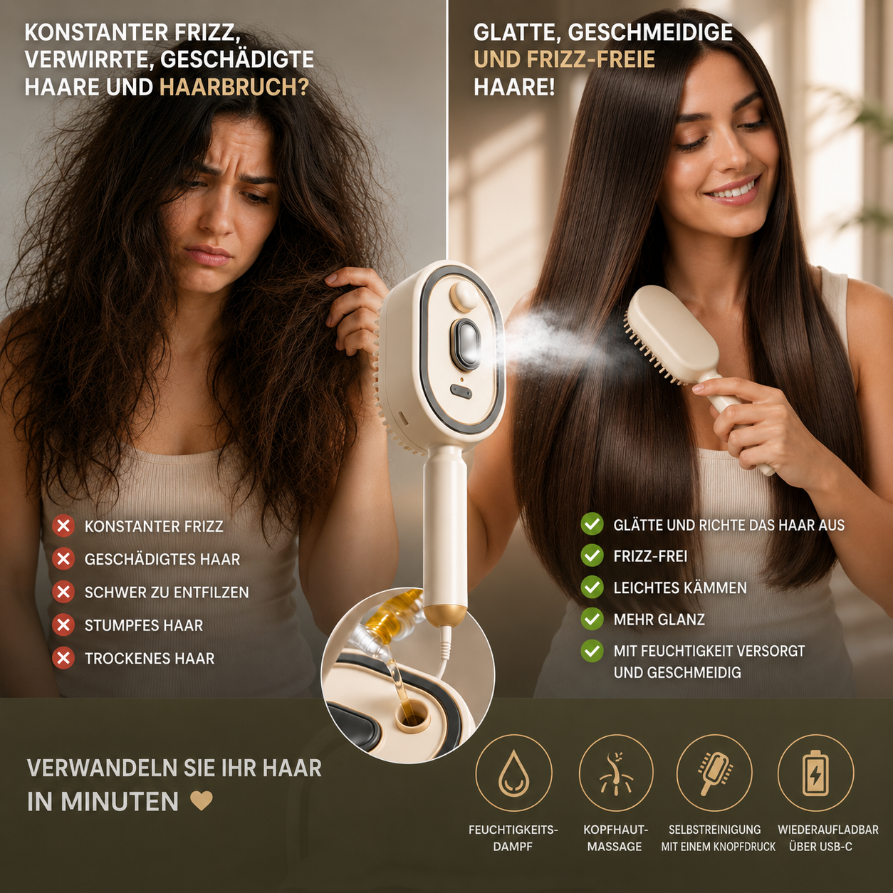 3-in-1 Elektrische Haarbürste – Reduziert Frizz, Glättet und Massiert Ohne Haarbruch