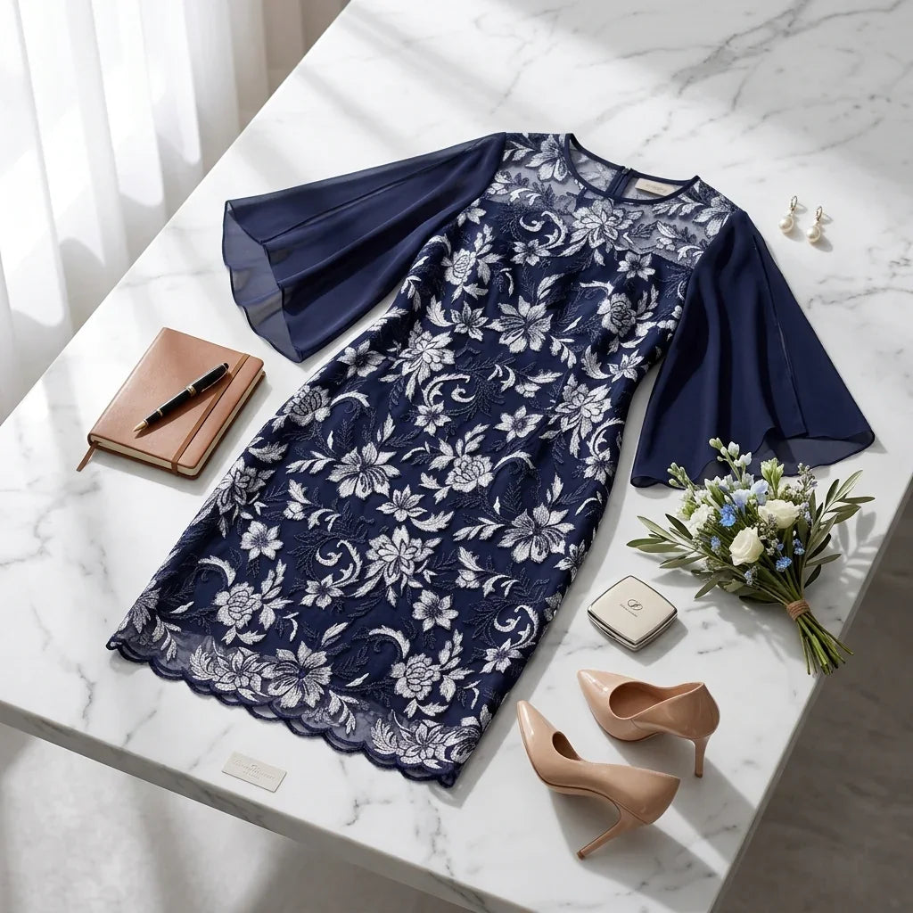 Diana™ Midikleid mit weißem Blumenmuster und transparenten Cape-Ärmeln