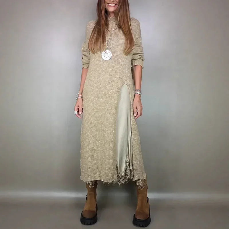 Valérie™ Set mit Langem Satin-Kleid und Feinstrick-Pullover / Zeitlose Eleganz in Jedem Detail!
