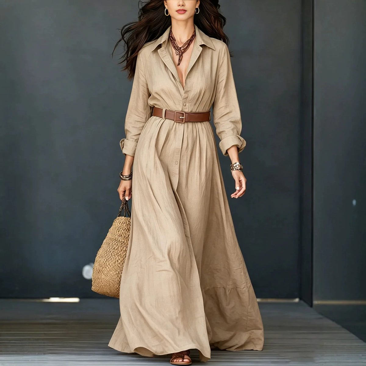 Delfina™ Kleid mit Elegantem Kragen, Dezenten Knöpfen und Gürtel als Geschenk