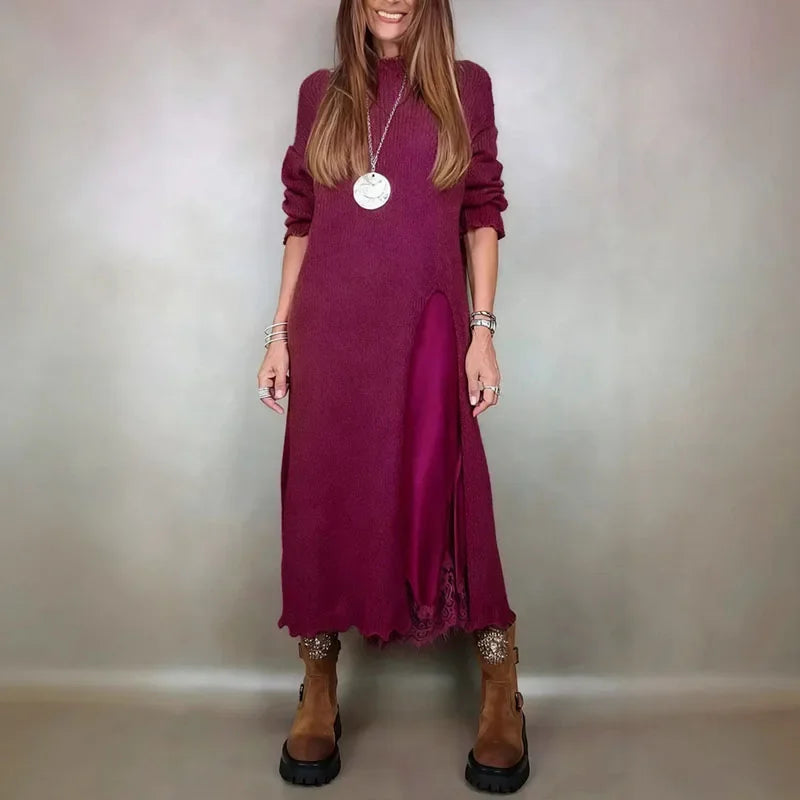 Valérie™ Set mit Langem Satin-Kleid und Feinstrick-Pullover / Zeitlose Eleganz in Jedem Detail!