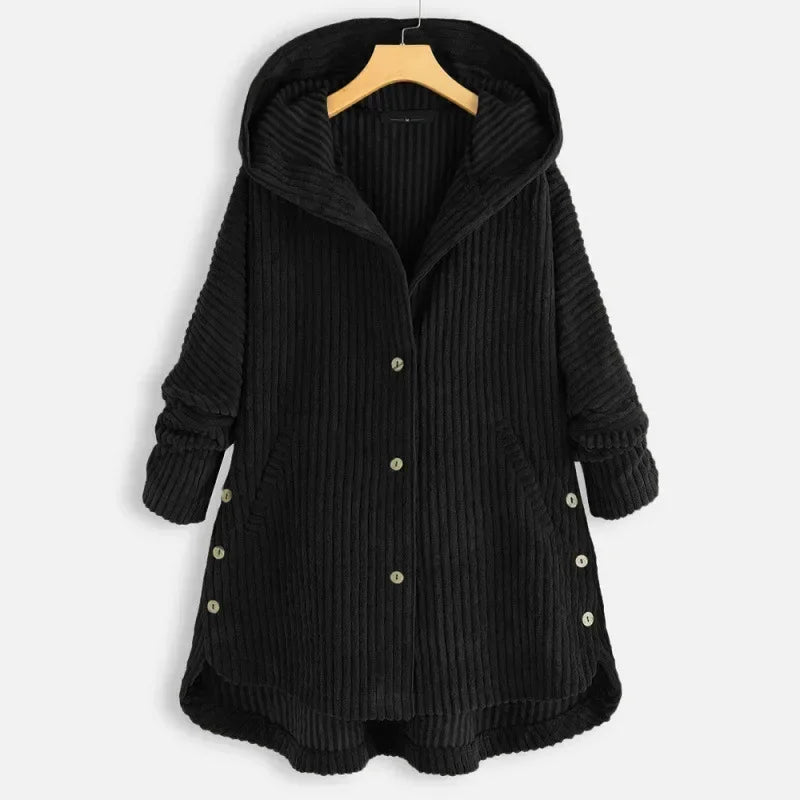 CloudWarm Eleganz™ Mantel aus Geripptem Cord mit Großzügiger Kapuze und Seitlichen Knöpfen / Die Vielseitige Winterjacke für Stil, Wärme und Alltagstauglichkeit!