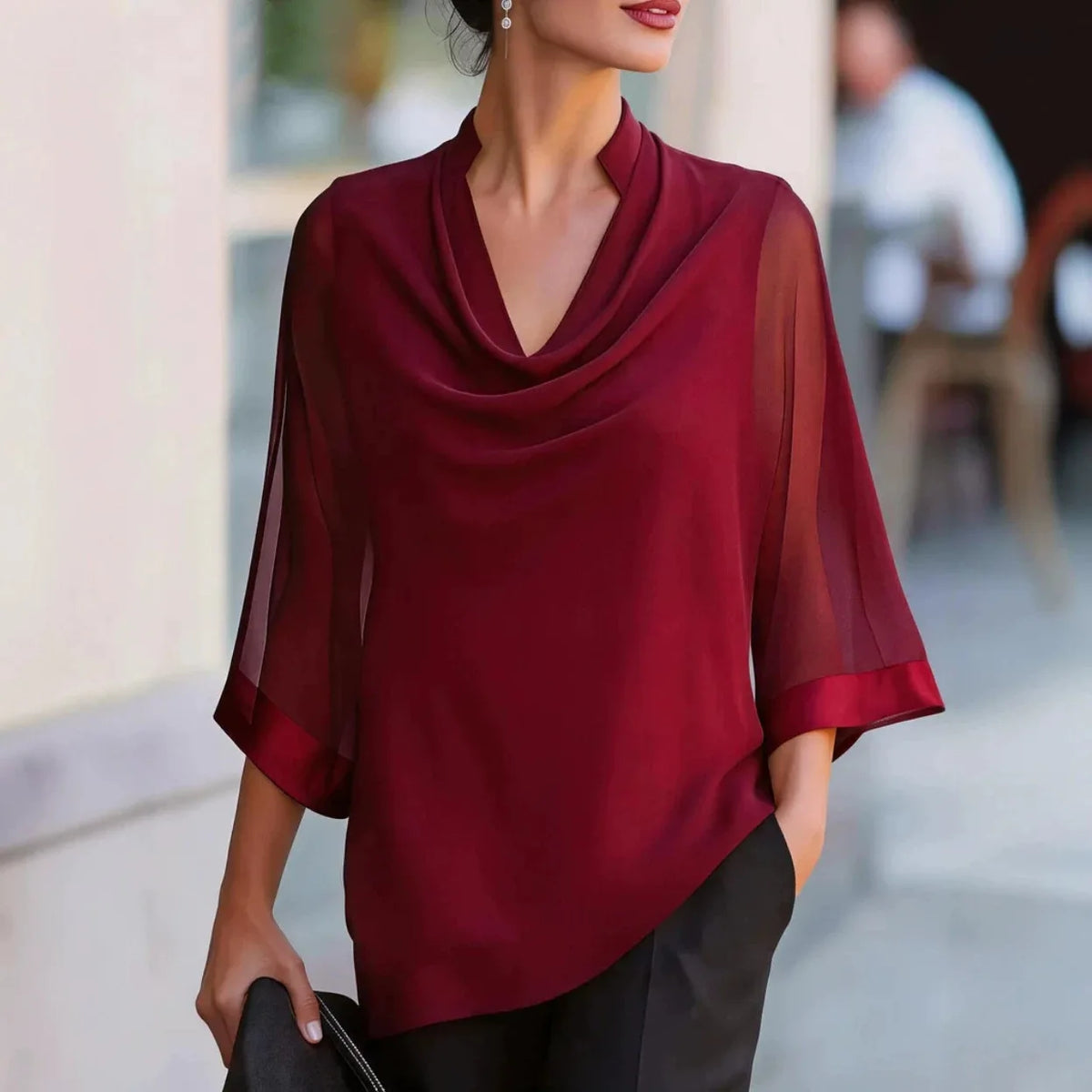 Bluse Elbtal™ mit Wasserfallausschnitt, transparenten Ärmeln und lockerem Fall