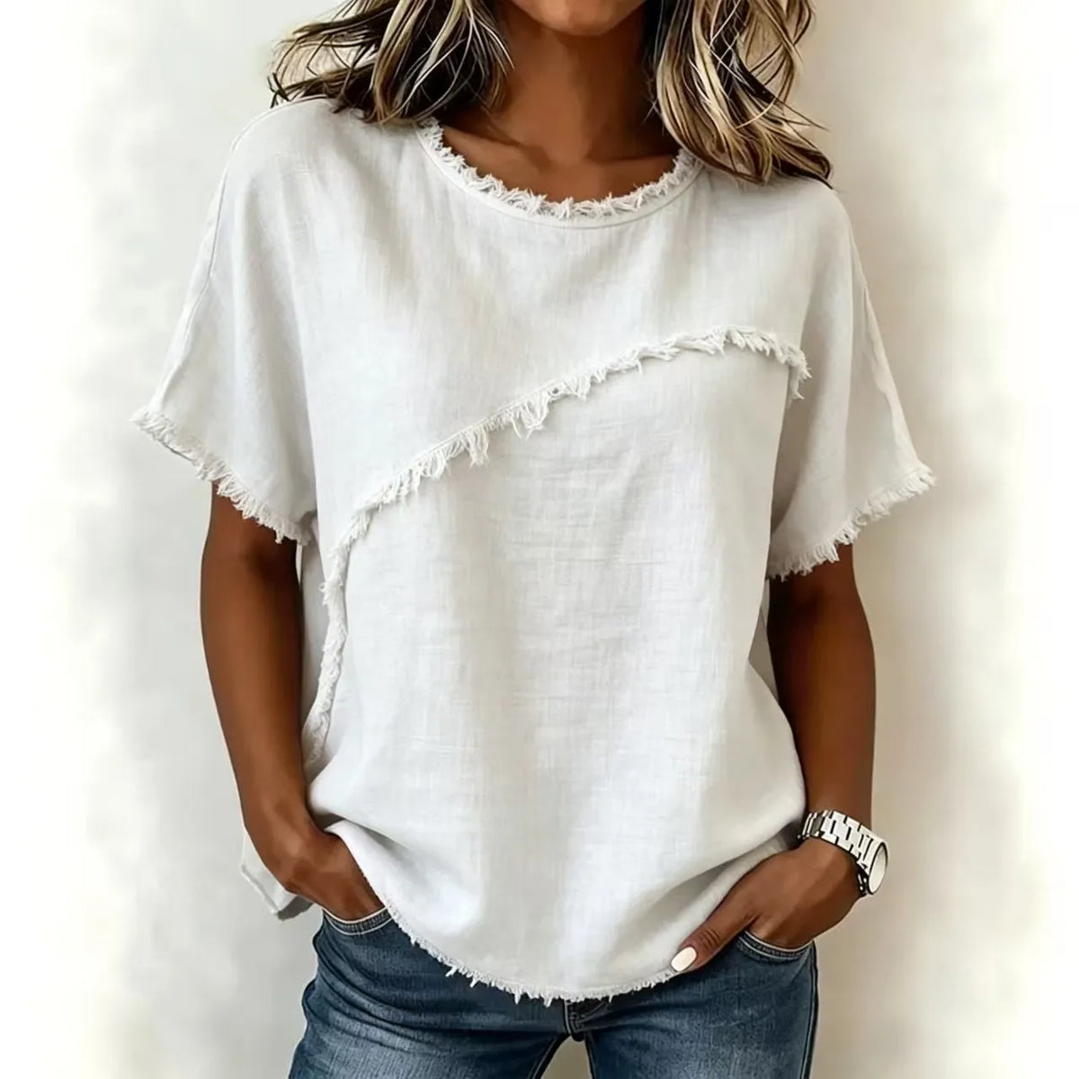 Bluse Verena™ mit asymmetrischem Einsatz und ausgefransten Details
