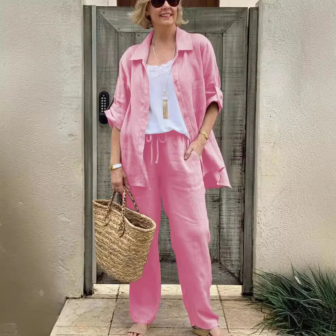 Yasmine™ Baumwoll-Leinen-Set mit Button-down-Hemd und verstellbaren Ärmeln