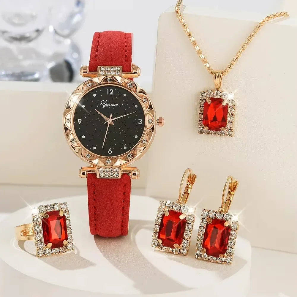 🔥 3 STÜCK ZUM PREIS VON 1 🔥 4-Teiliges Goldenes Uhren-Set Mit Passender Halskette, Ohrringen, Ring Und Armband / Vervollständigen Sie Ihren Look Mit Müheloser Eleganz