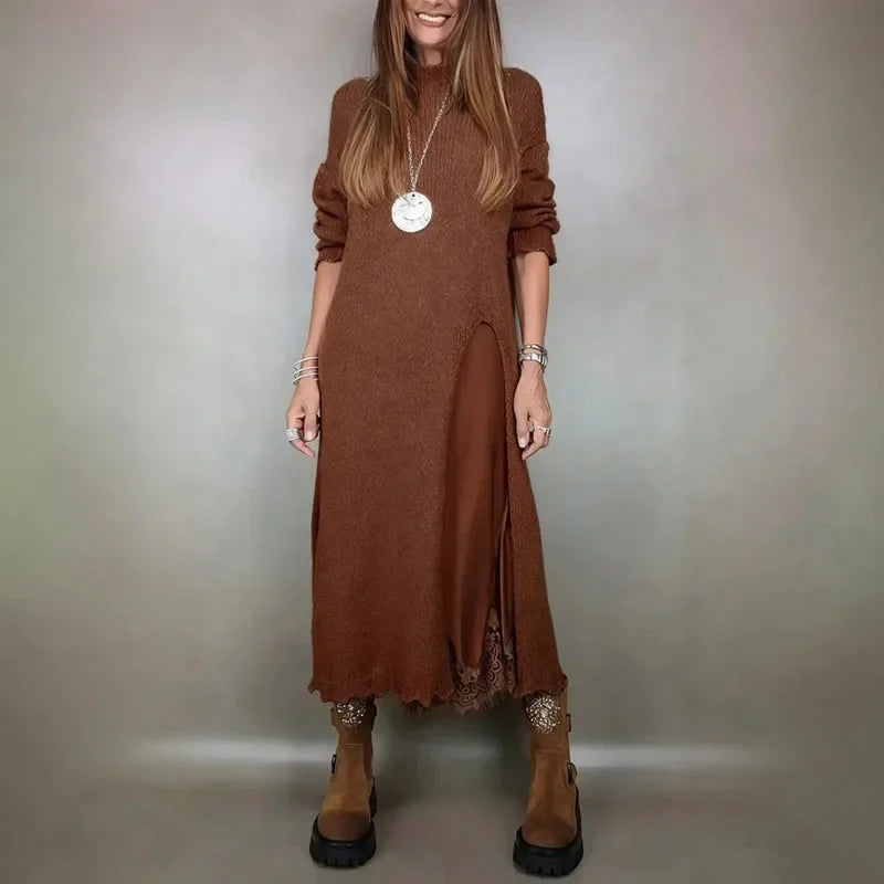 Valérie™ Set mit Langem Satin-Kleid und Feinstrick-Pullover / Zeitlose Eleganz in Jedem Detail!