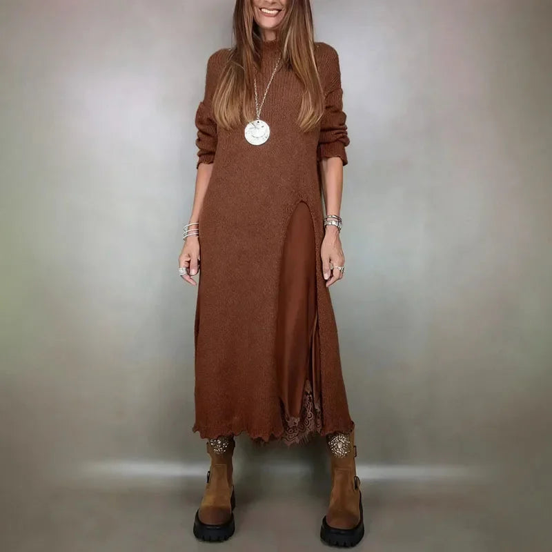 Valérie™ Set mit Langem Satin-Kleid und Feinstrick-Pullover / Zeitlose Eleganz in Jedem Detail!