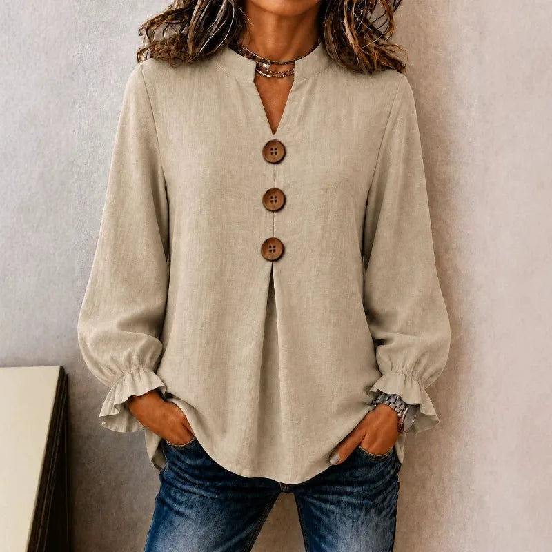Bluse Christina™ mit Stehkragen, Knopfleiste und Rüschenbündchen