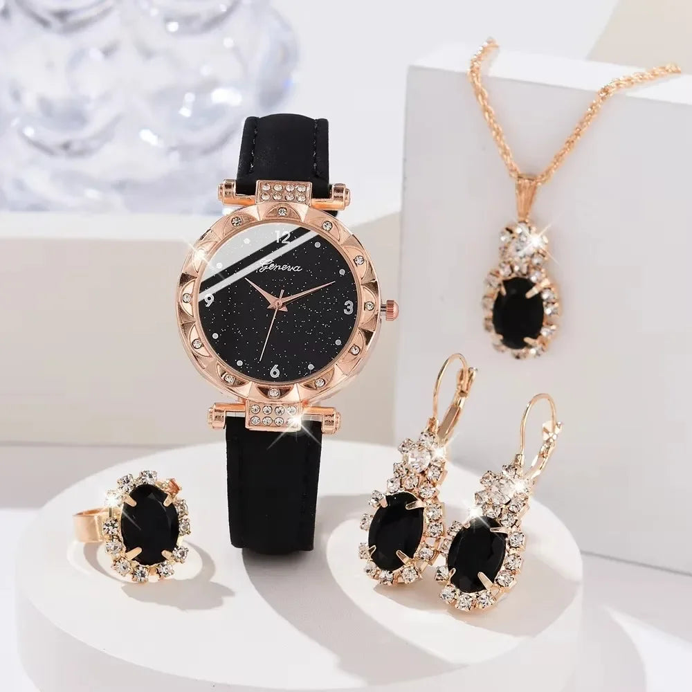 🔥 3 STÜCK ZUM PREIS VON 1 🔥 4-Teiliges Goldenes Uhren-Set Mit Passender Halskette, Ohrringen, Ring Und Armband / Vervollständigen Sie Ihren Look Mit Müheloser Eleganz