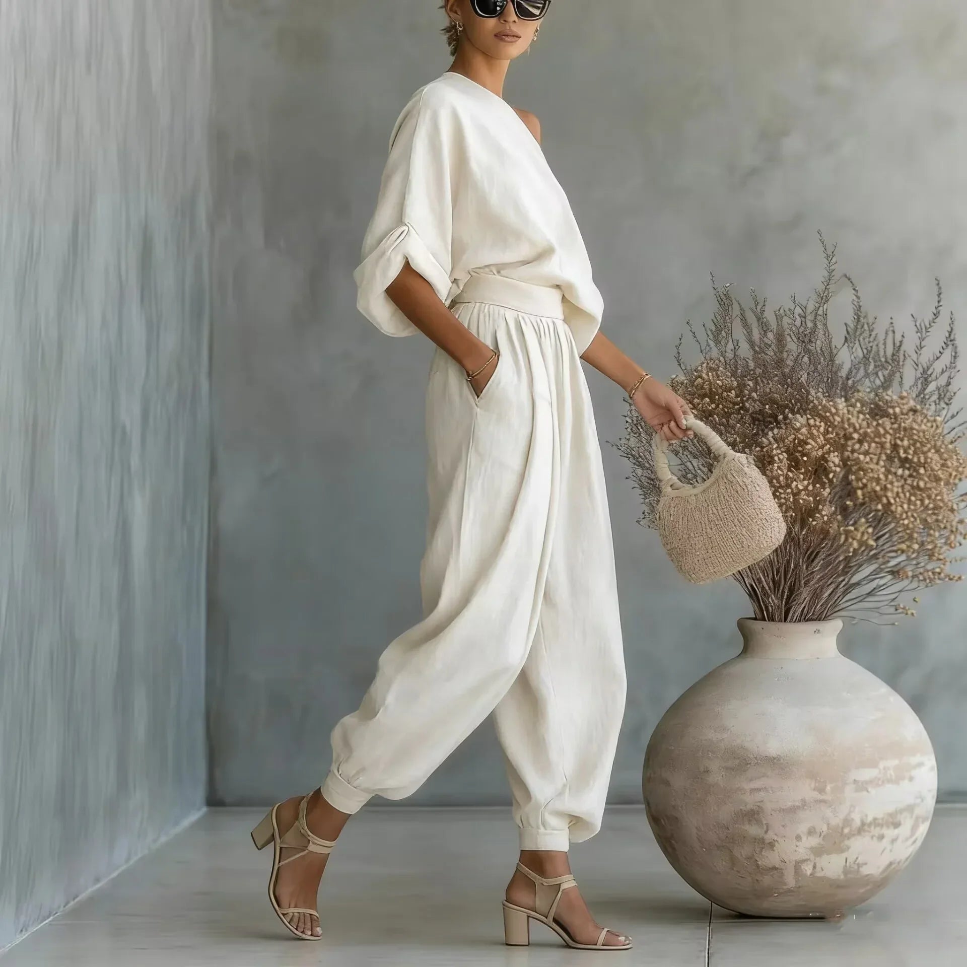 Linnea™ Set mit One-Shoulder-Top und hoch taillierter Hose mit Bündchensaum
