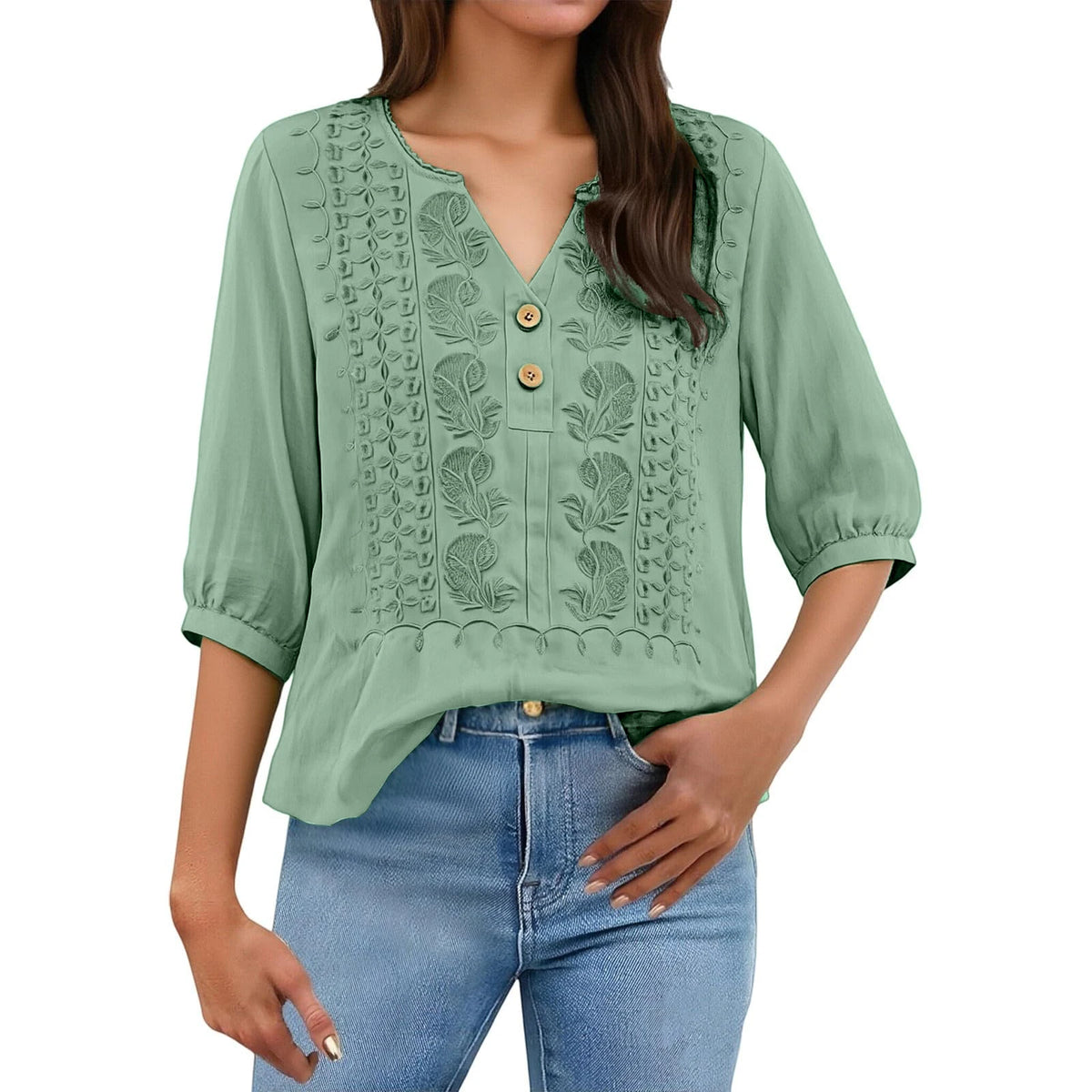 Bluse Ariadne™ mit kunstvoller Stickerei, V-Ausschnitt und Dreiviertelärmeln