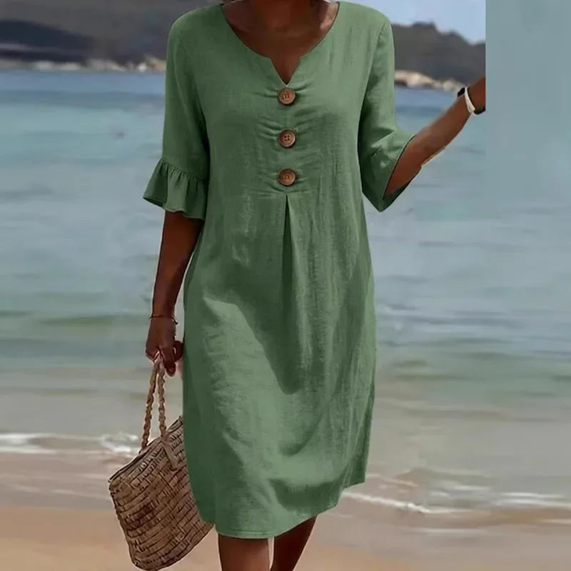 Liora™-Kleid aus Baumwollleinen mit Knöpfen Vorne und Lockerem Schnitt