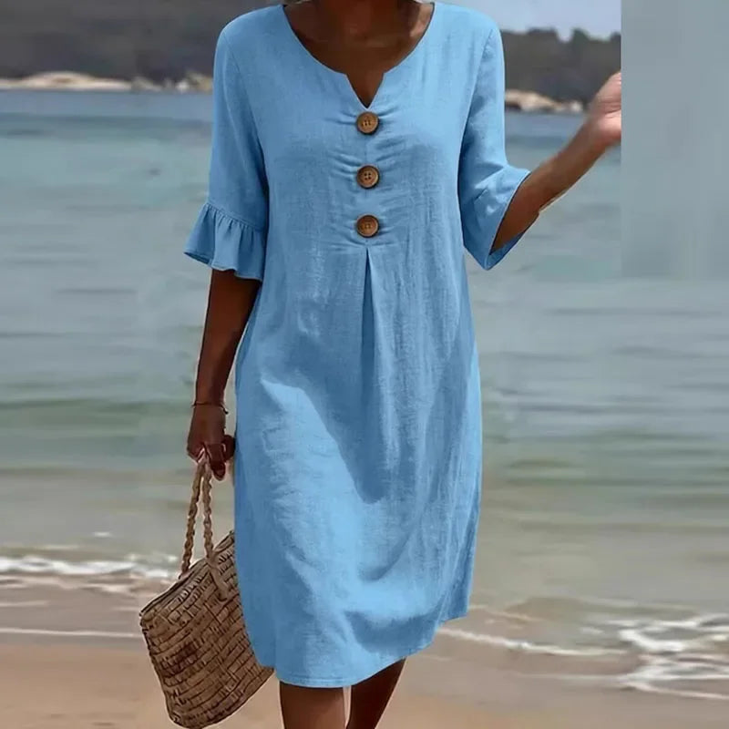 Liora™-Kleid aus Baumwollleinen mit Knöpfen Vorne und Lockerem Schnitt