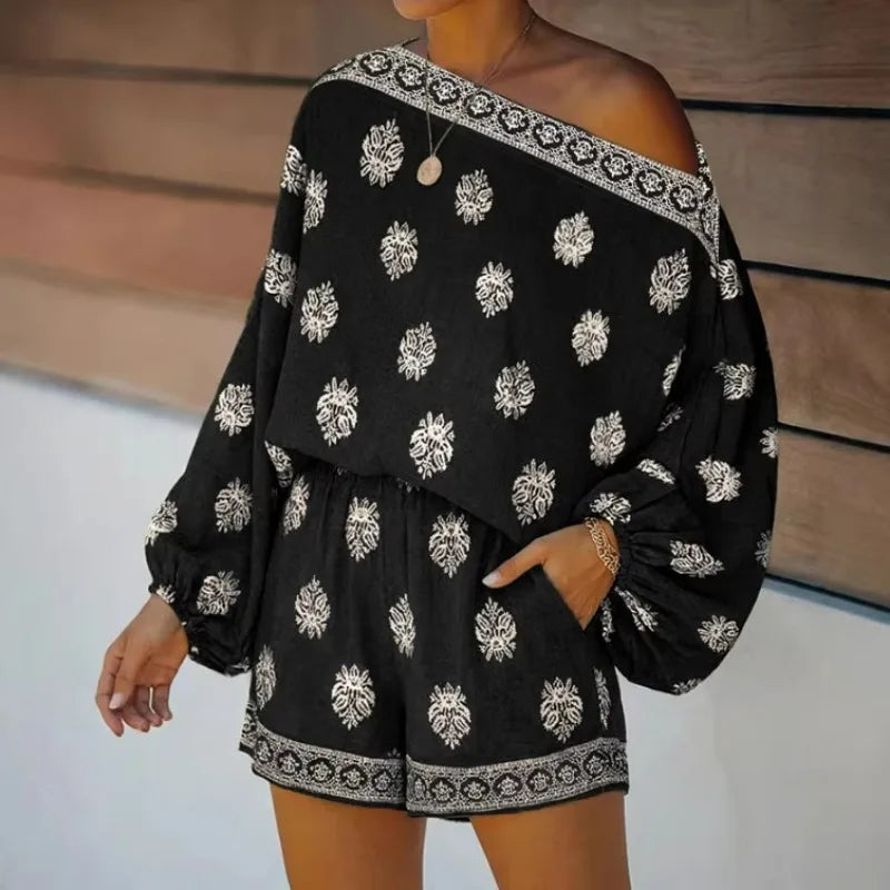 Maravie™ Jumpsuit Mit Schulterfreiem Ausschnitt Und Boho-Chic-Muster