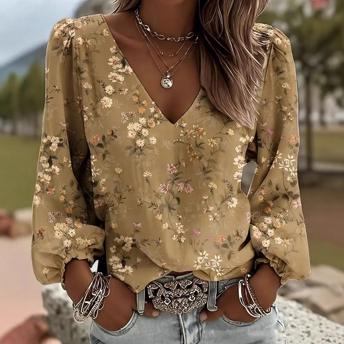 Merle™ Bluse mit V-Ausschnitt, langen Ärmeln und gerafften Bündchen
