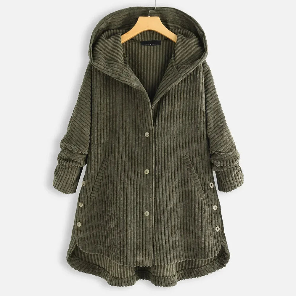 CloudWarm Eleganz™ Mantel aus Geripptem Cord mit Großzügiger Kapuze und Seitlichen Knöpfen / Die Vielseitige Winterjacke für Stil, Wärme und Alltagstauglichkeit!