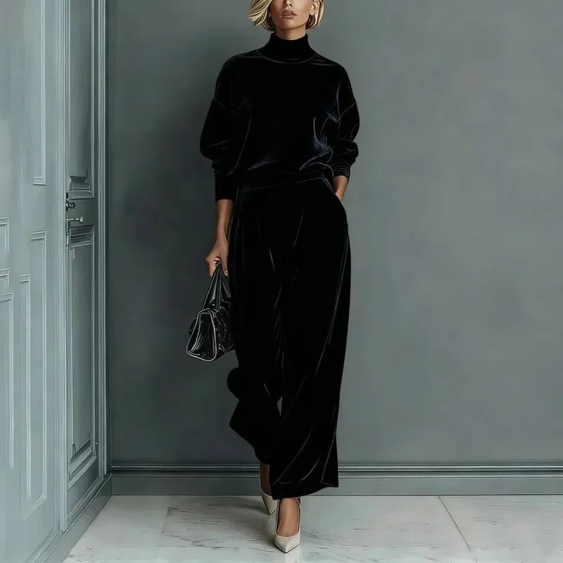 Set Irmela™ in Samtoptik mit Stehkragenoberteil und Weiter Hose