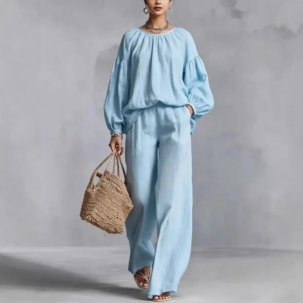 Zweiteiliges Set Valdora™ mit Puffärmel-Bluse und Weit Geschnittener Hose