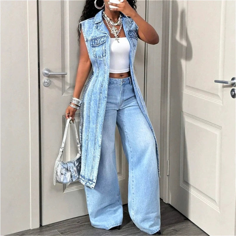 Elastra™ Jeansweste mit Langer Silhouette, Strukturiertem Kragen und Pattentaschen