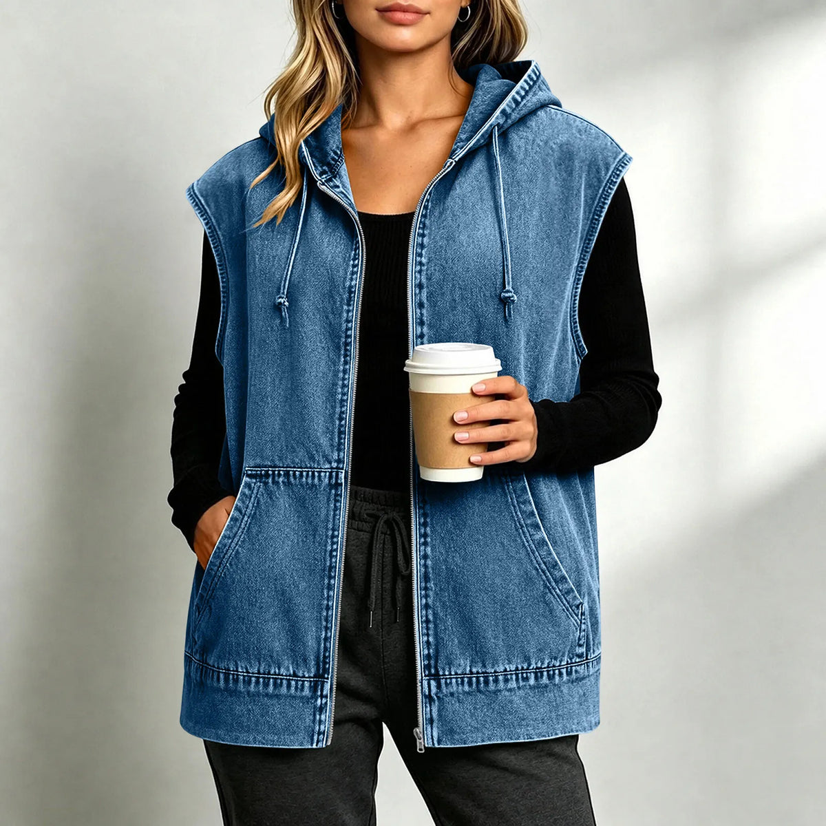 Jeansweste Merina™ mit Verstellbarer Kapuze, Reißverschluss und Oversize-Schnitt