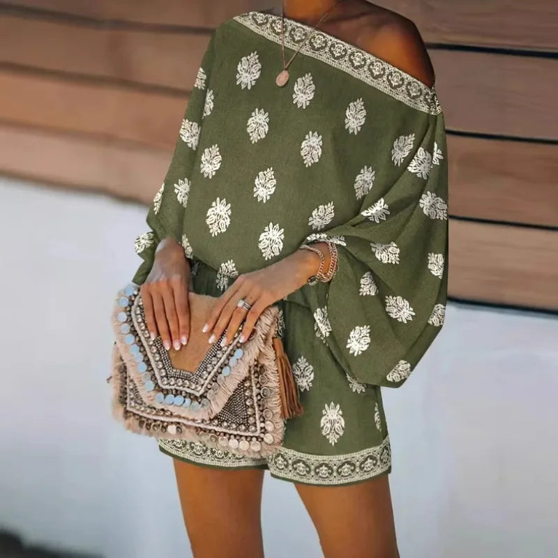 Maravie™ Jumpsuit Mit Schulterfreiem Ausschnitt Und Boho-Chic-Muster