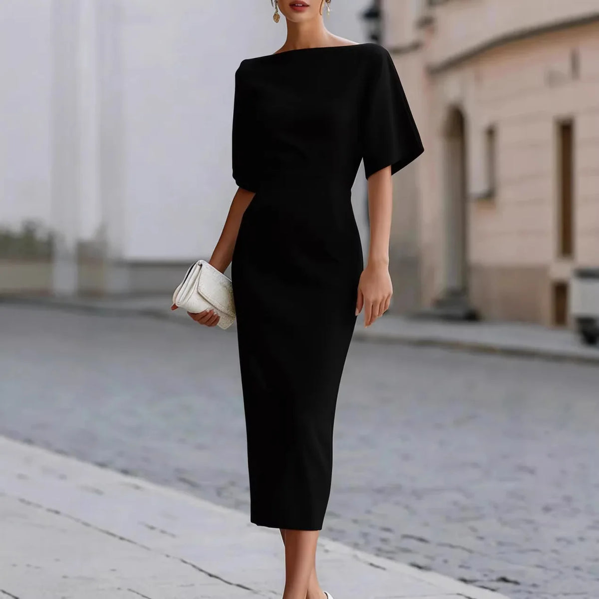 Kleid Estelina™ mit Betonter Taille, Weiten Ärmeln und U-Boot-Ausschnitt