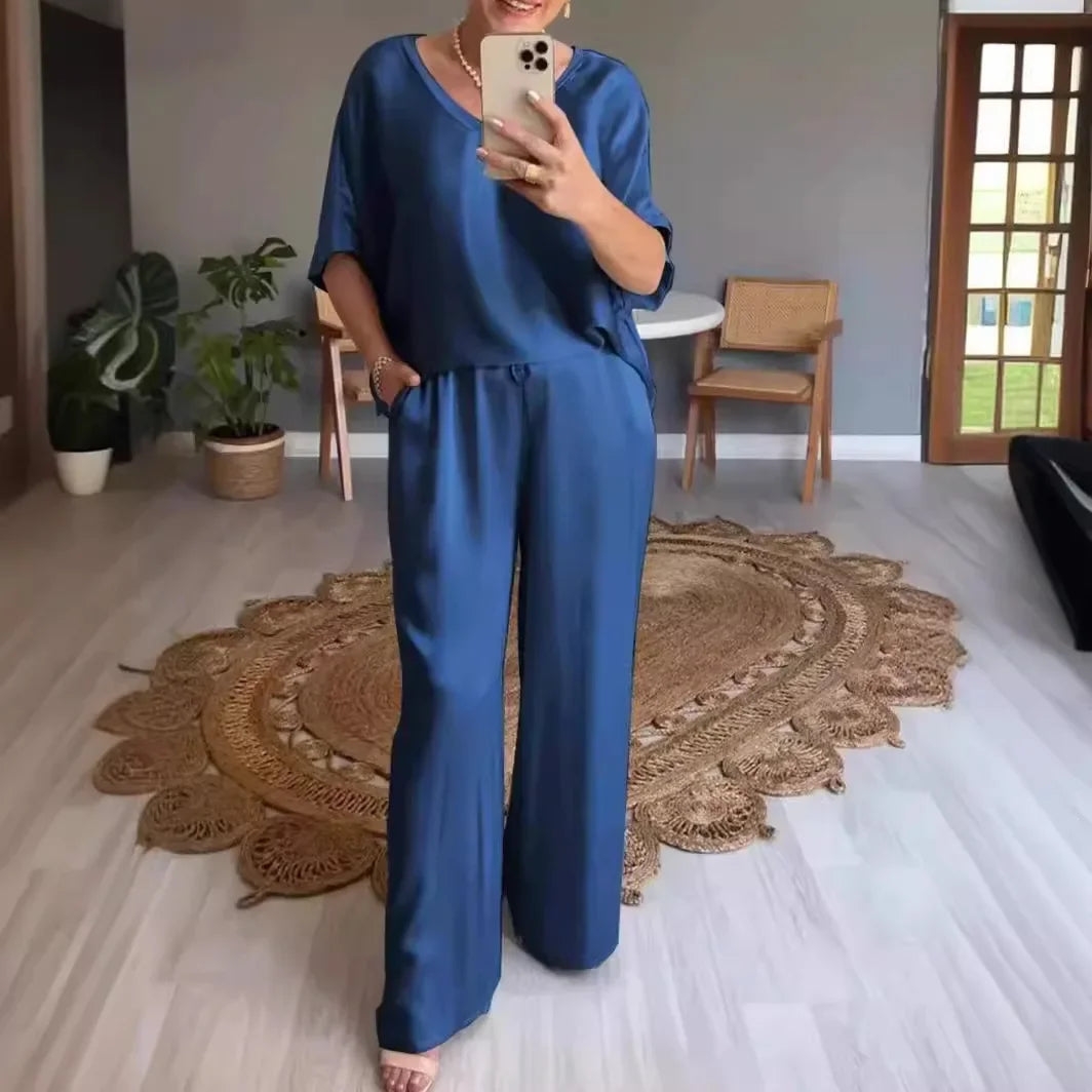 Marevielle™ Set Aus Satinartigem Stoff Mit Lockerer Bluse und Fließender Pantalonhose