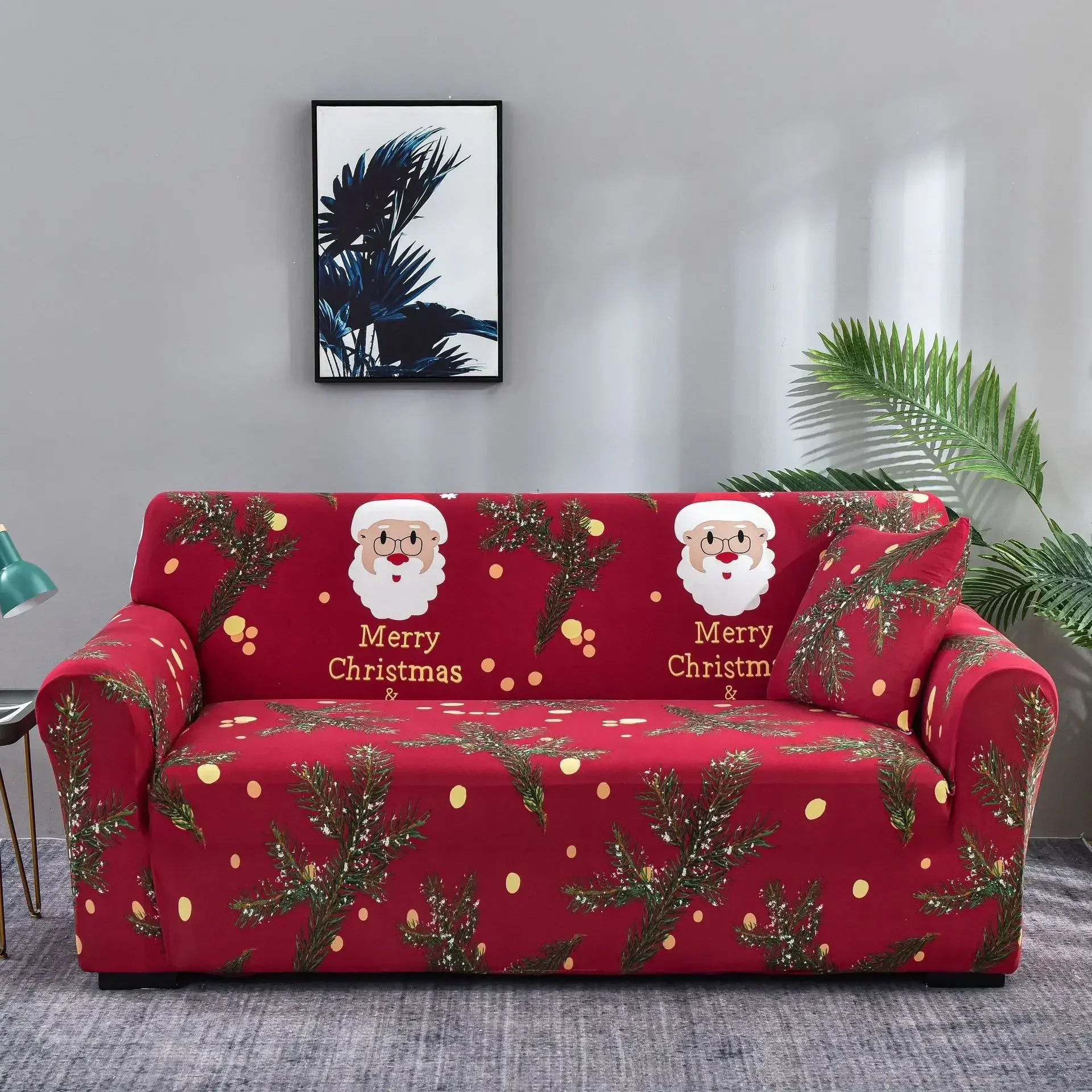 Hoch elastischer Spandex-Weihnachtssofa-Bezug / Sofortige Dekoration, die Ihr Weihnachtsfest verdient! + Kopfkissenbezug als Geschenk