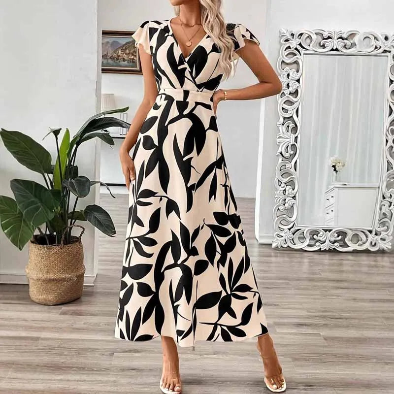 Kleid Celle™ mit kontrastierendem Muster, V-Ausschnitt und Maxilänge