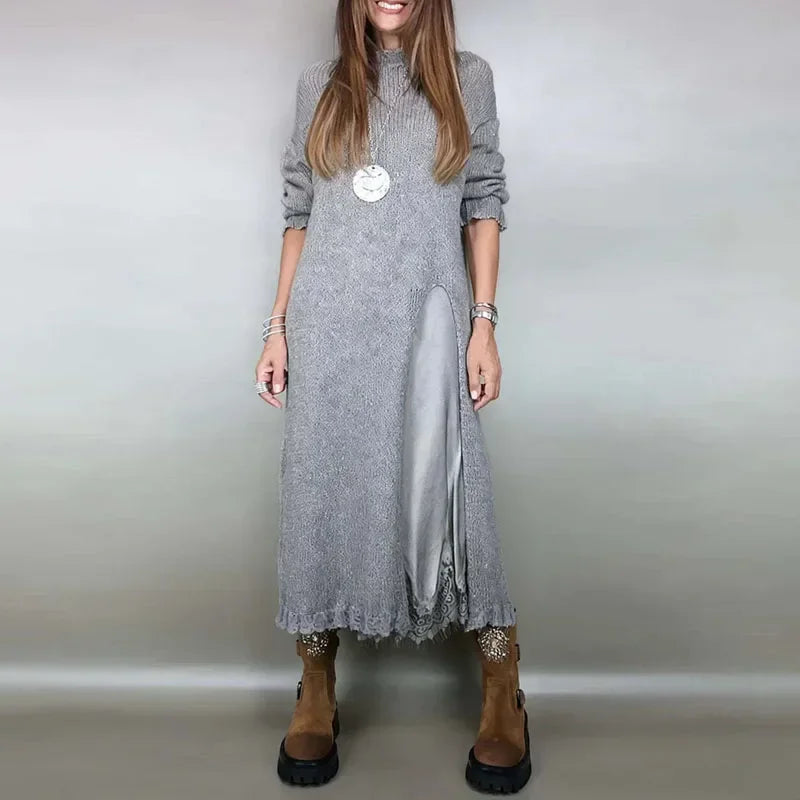 Valérie™ Set mit Langem Satin-Kleid und Feinstrick-Pullover / Zeitlose Eleganz in Jedem Detail!