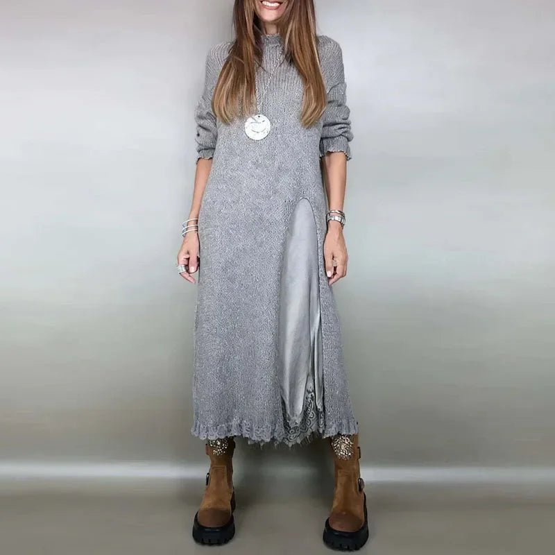 Valérie™ Set mit Langem Satin-Kleid und Feinstrick-Pullover / Zeitlose Eleganz in Jedem Detail!