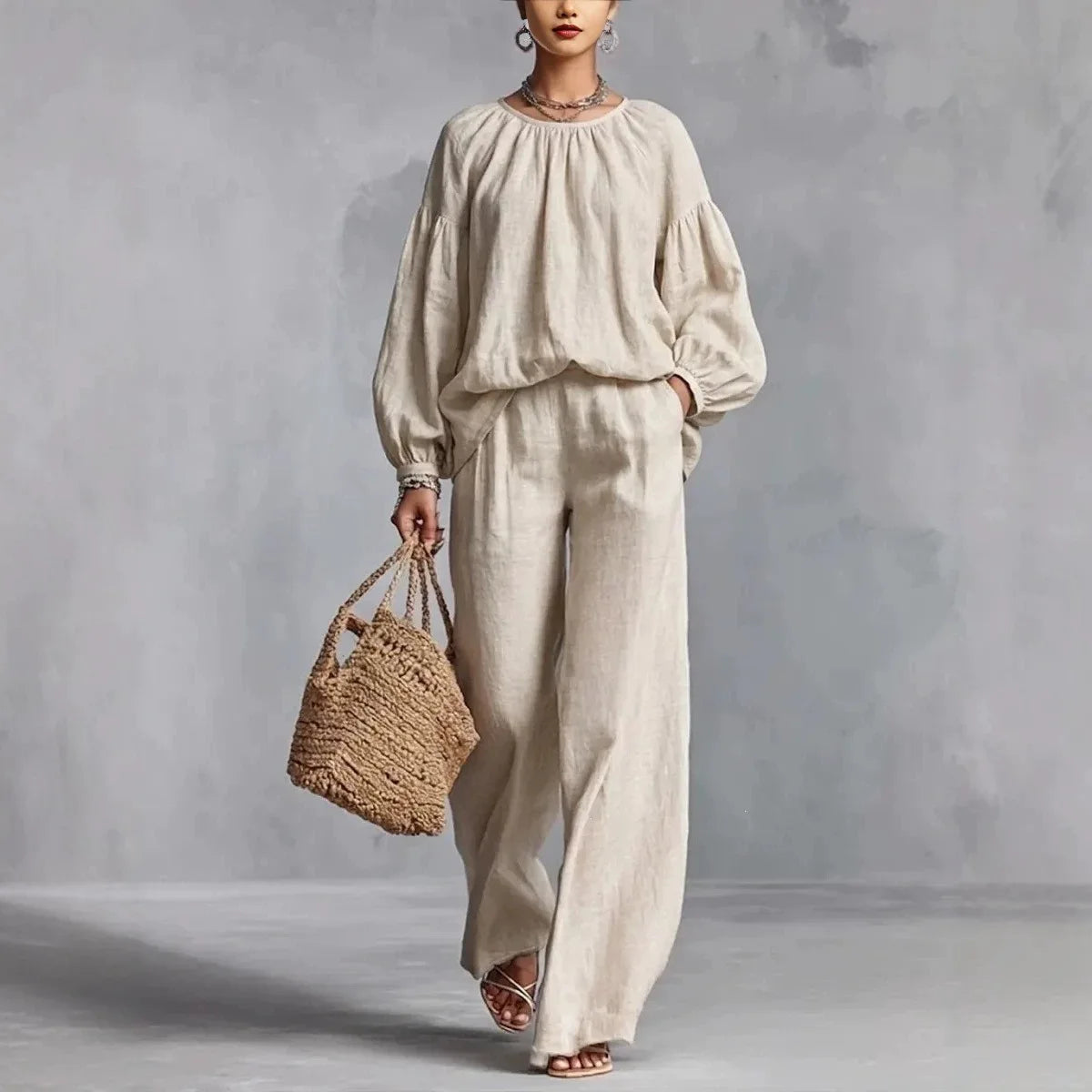 Zweiteiliges Set Valdora™ mit Puffärmel-Bluse und Weit Geschnittener Hose