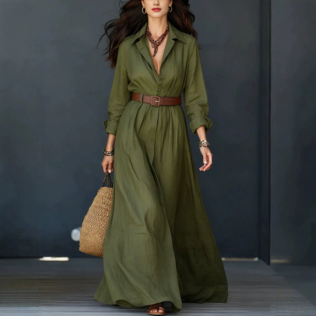 Delfina™ Kleid mit Elegantem Kragen, Dezenten Knöpfen und Gürtel als Geschenk