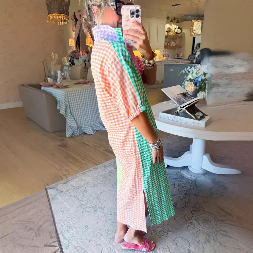 Colorie™ Kleid Mit Hemdkragen Und Vichy-Karo In Farbblöcken