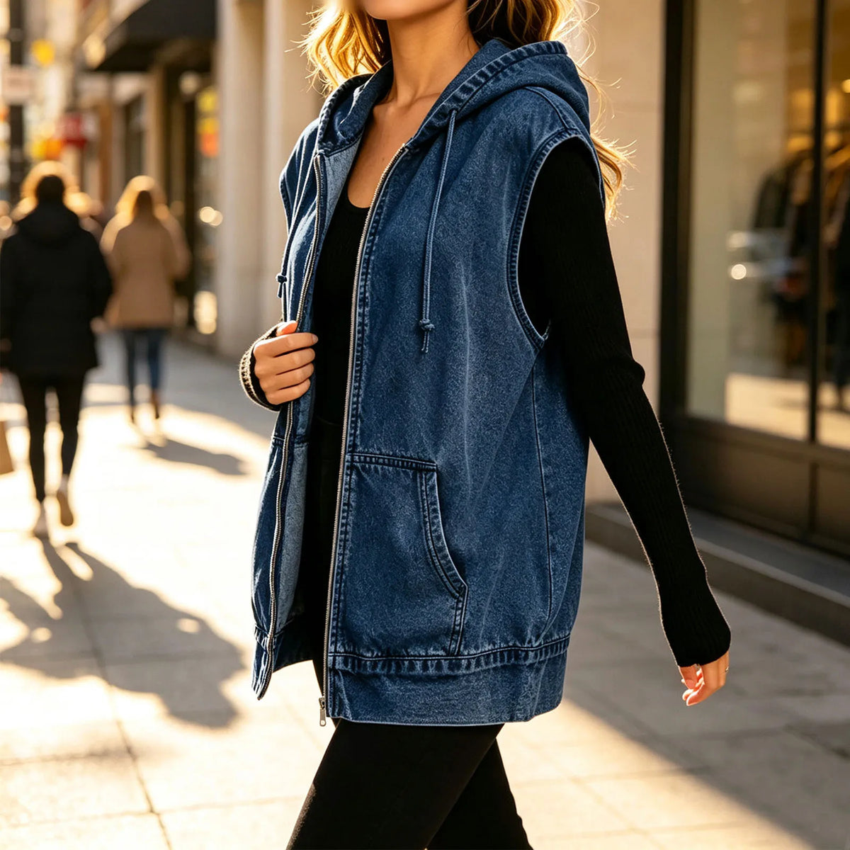Jeansweste Merina™ mit Verstellbarer Kapuze, Reißverschluss und Oversize-Schnitt
