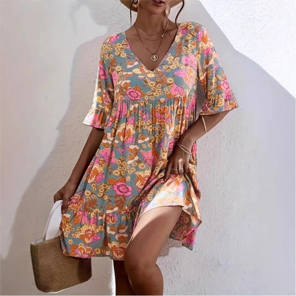 Sina™ Kleid mit floralem Muster, 3/4-Ärmeln und Raffung unter der Brust