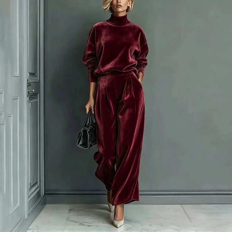 Set Irmela™ in Samtoptik mit Stehkragenoberteil und Weiter Hose