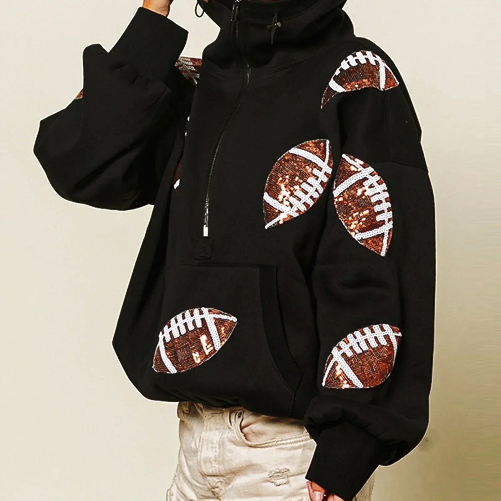 Touchdown Glam™ Hoodie aus Premium-Baumwolle mit Kapuze und Sportlichem Pailletten-Design / Glamour und Komfort in Perfekter Balance!