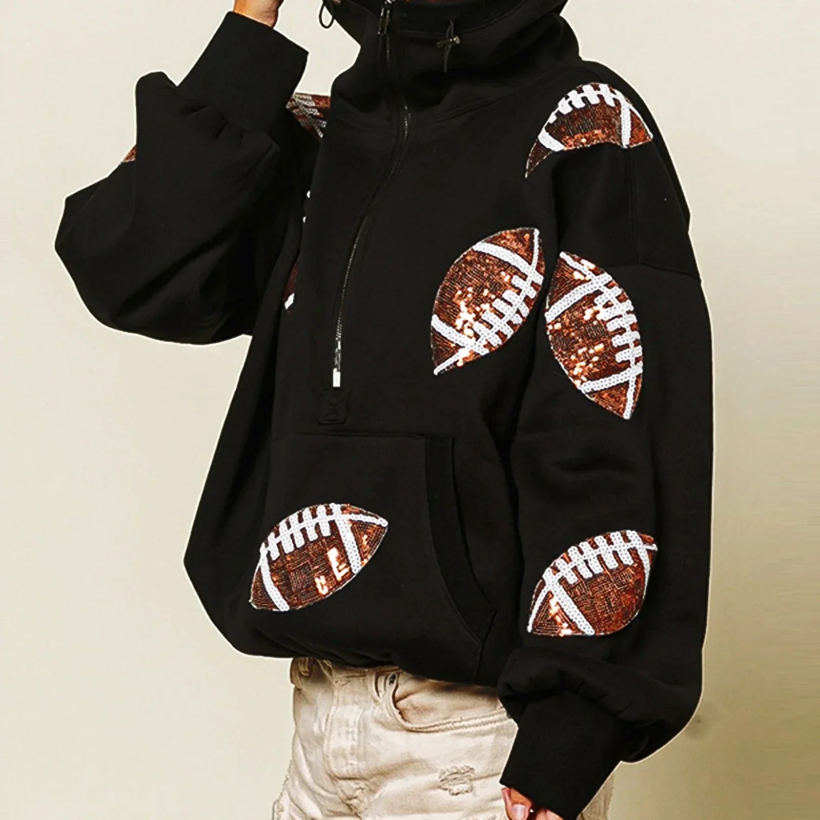 Touchdown Glam™ Hoodie aus Premium-Baumwolle mit Kapuze und Sportlichem Pailletten-Design / Glamour und Komfort in Perfekter Balance!