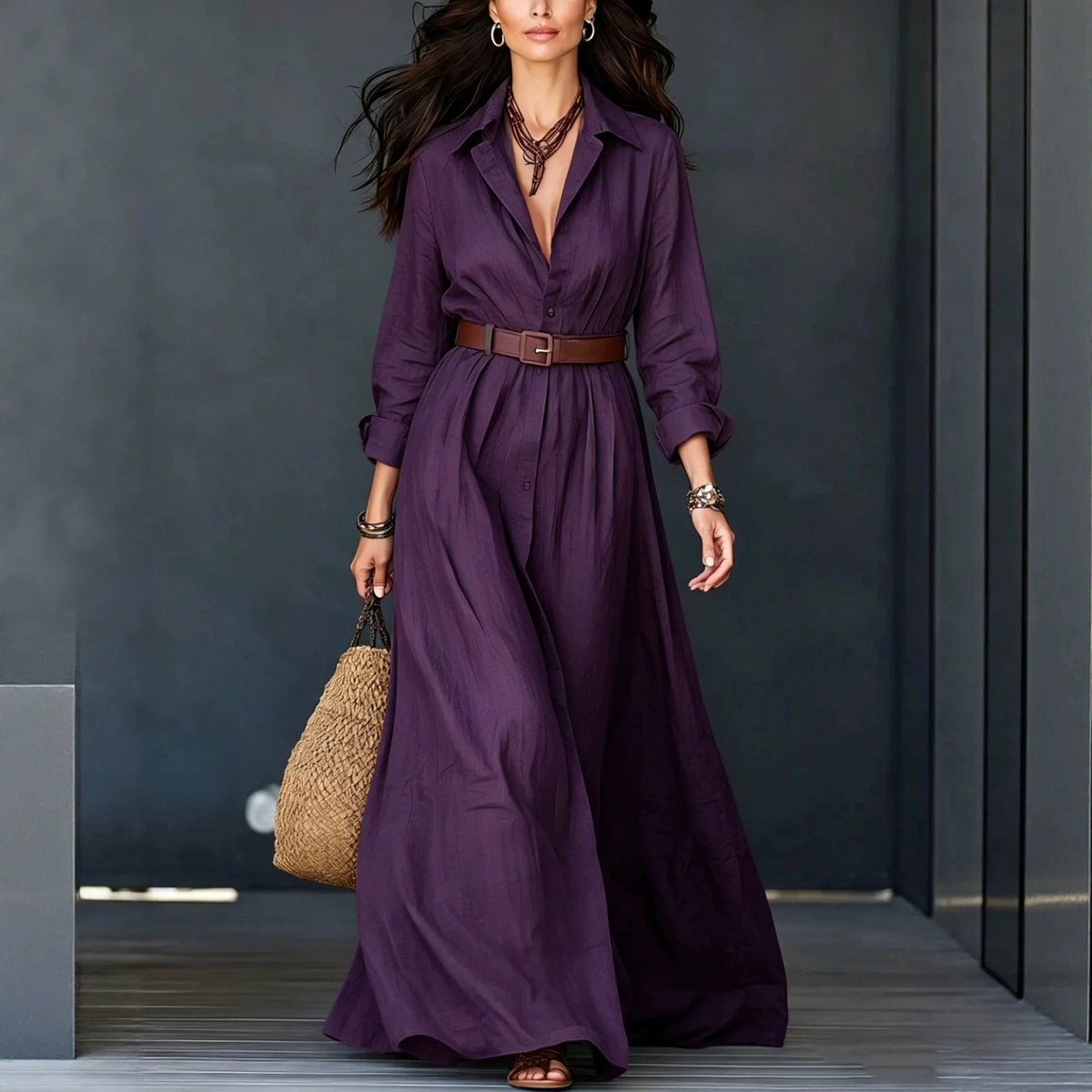 Delfina™ Kleid mit Elegantem Kragen, Dezenten Knöpfen und Gürtel als Geschenk