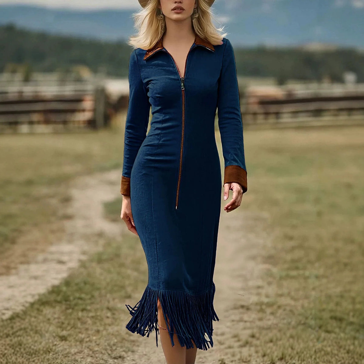 Kleid Michaela™ mit samtiger Optik, Kontrastkragen und ärmeln, Frontreißverschluss und Fransensaum