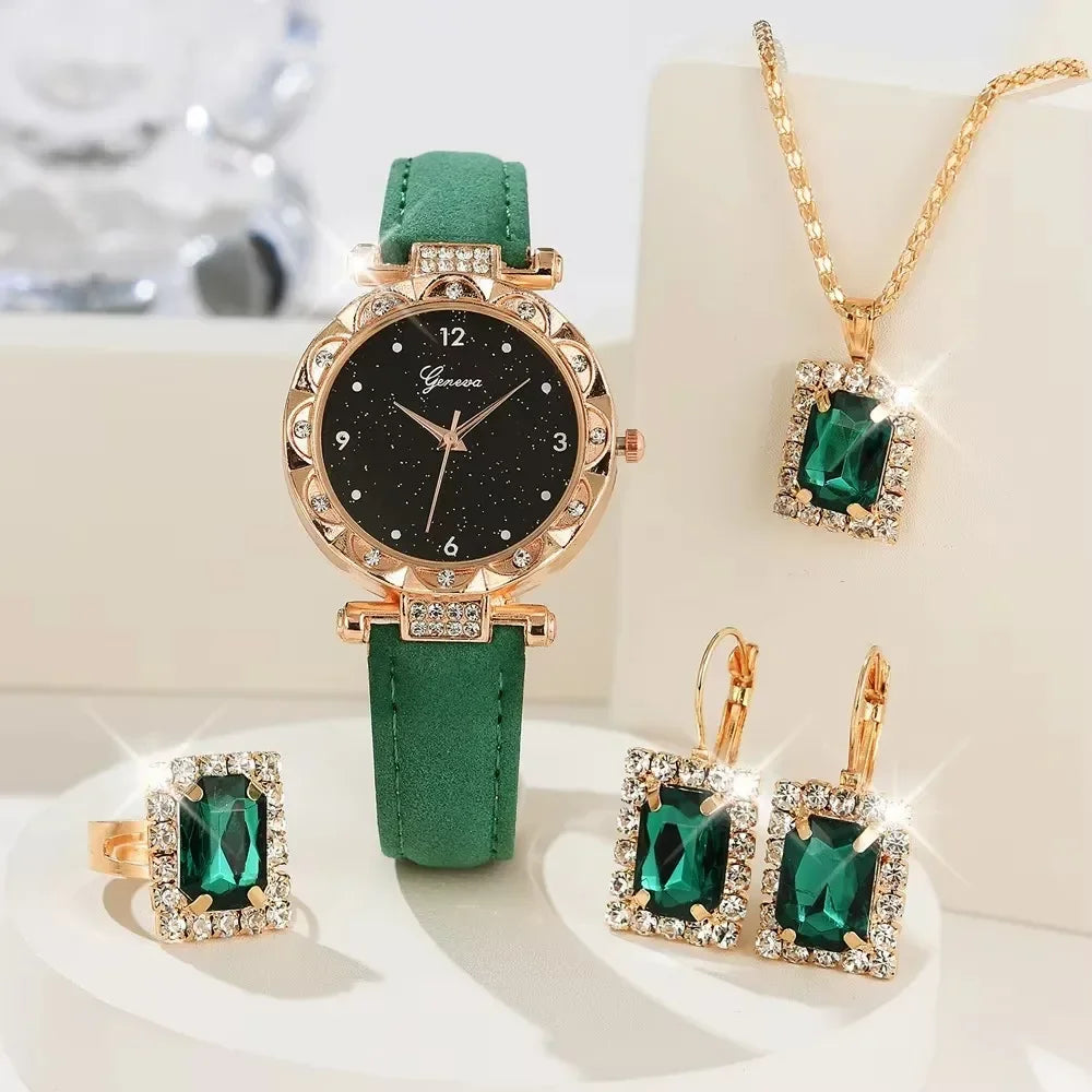 🔥 3 STÜCK ZUM PREIS VON 1 🔥 4-Teiliges Goldenes Uhren-Set Mit Passender Halskette, Ohrringen, Ring Und Armband / Vervollständigen Sie Ihren Look Mit Müheloser Eleganz