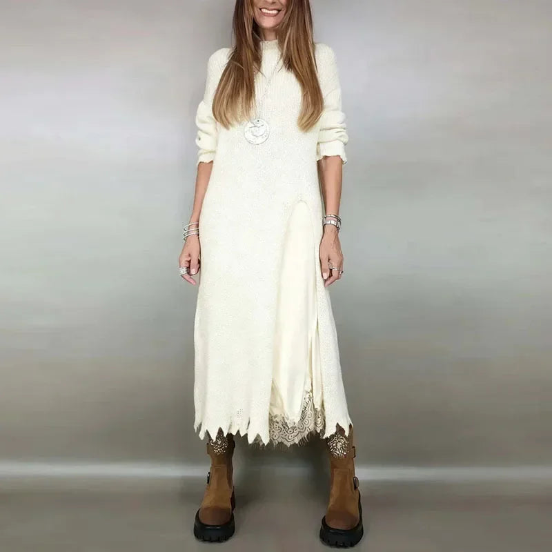 Valérie™ Set mit Langem Satin-Kleid und Feinstrick-Pullover / Zeitlose Eleganz in Jedem Detail!