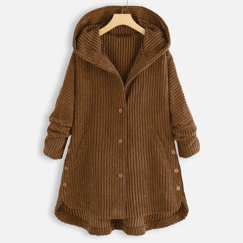 CloudWarm Eleganz™ Mantel aus Geripptem Cord mit Großzügiger Kapuze und Seitlichen Knöpfen / Die Vielseitige Winterjacke für Stil, Wärme und Alltagstauglichkeit!