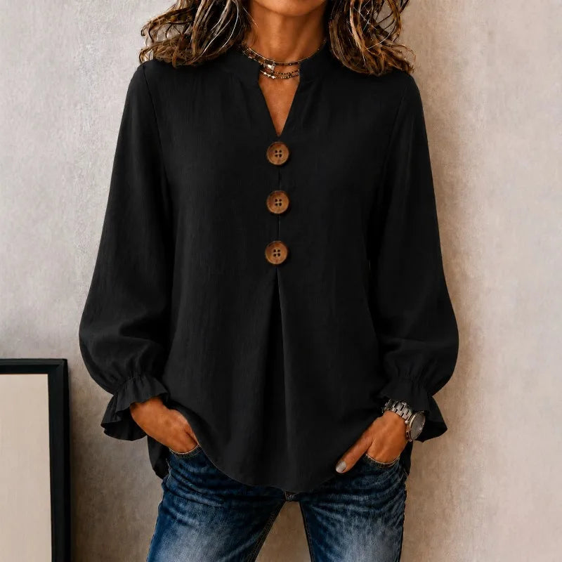 Bluse Christina™ mit Stehkragen, Knopfleiste und Rüschenbündchen