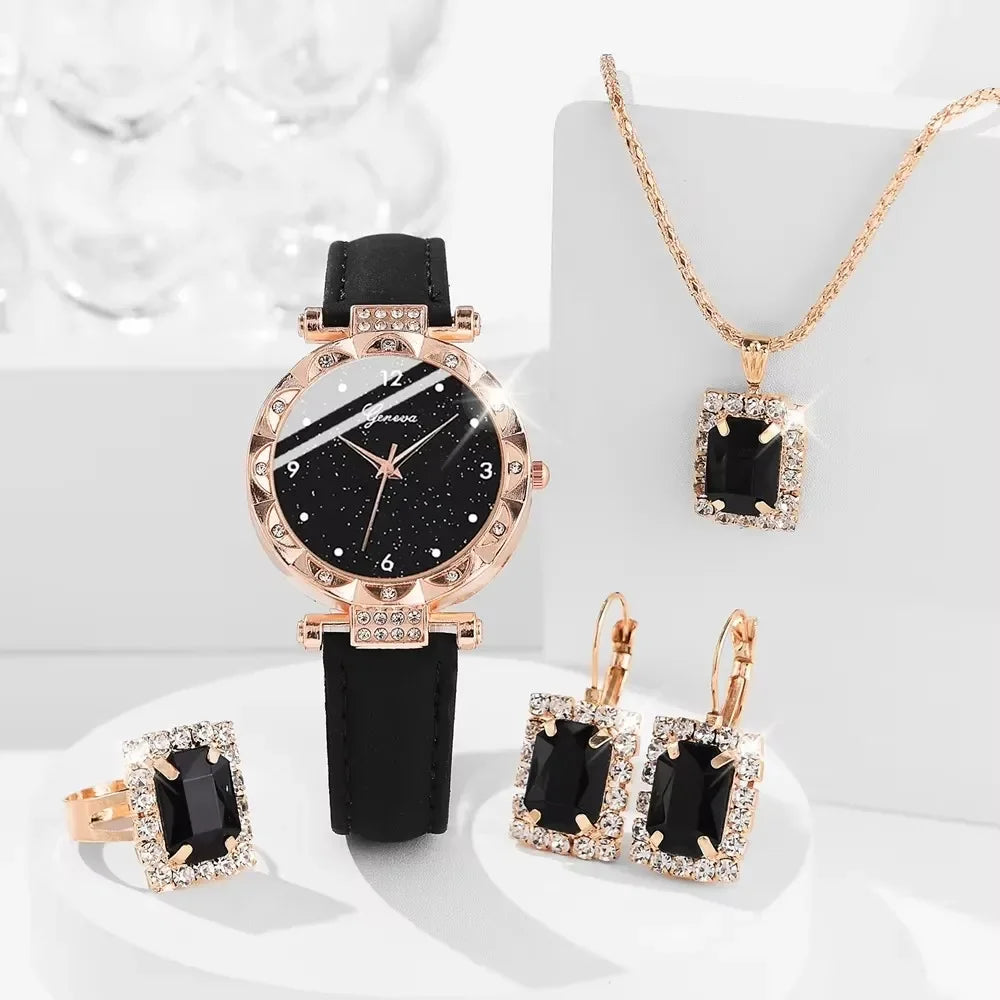 🔥 3 STÜCK ZUM PREIS VON 1 🔥 4-Teiliges Goldenes Uhren-Set Mit Passender Halskette, Ohrringen, Ring Und Armband / Vervollständigen Sie Ihren Look Mit Müheloser Eleganz
