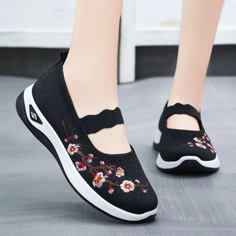 Rosalie™ Mary-Jane-Sneaker mit Atmungsaktivem Strickmaterial und Floraler Stickerei