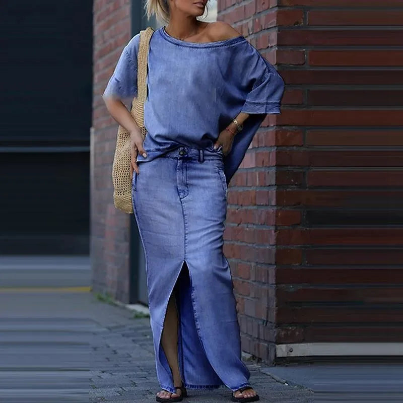 Capri Bleu™ Set mit Asymmetrischem Oberteil und Leichtem Jeansrock